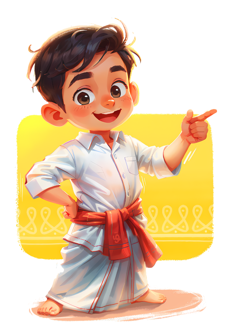 Smiling Tamil boy in traditional dress welcoming kids to learn Tamil through fun and interactive lessons